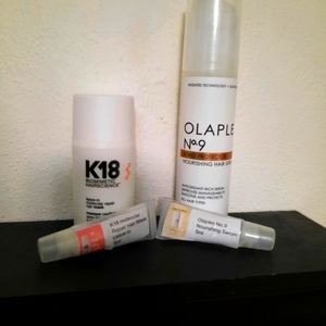 K18 molecular repair hair mask in 5ml tube and Olaplex No.9 Nourishing Serum 5ml